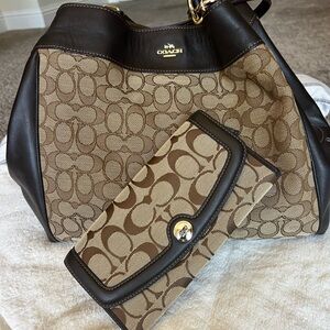 Coach Brown and Tan Shoulder Bag with Signature Monogram